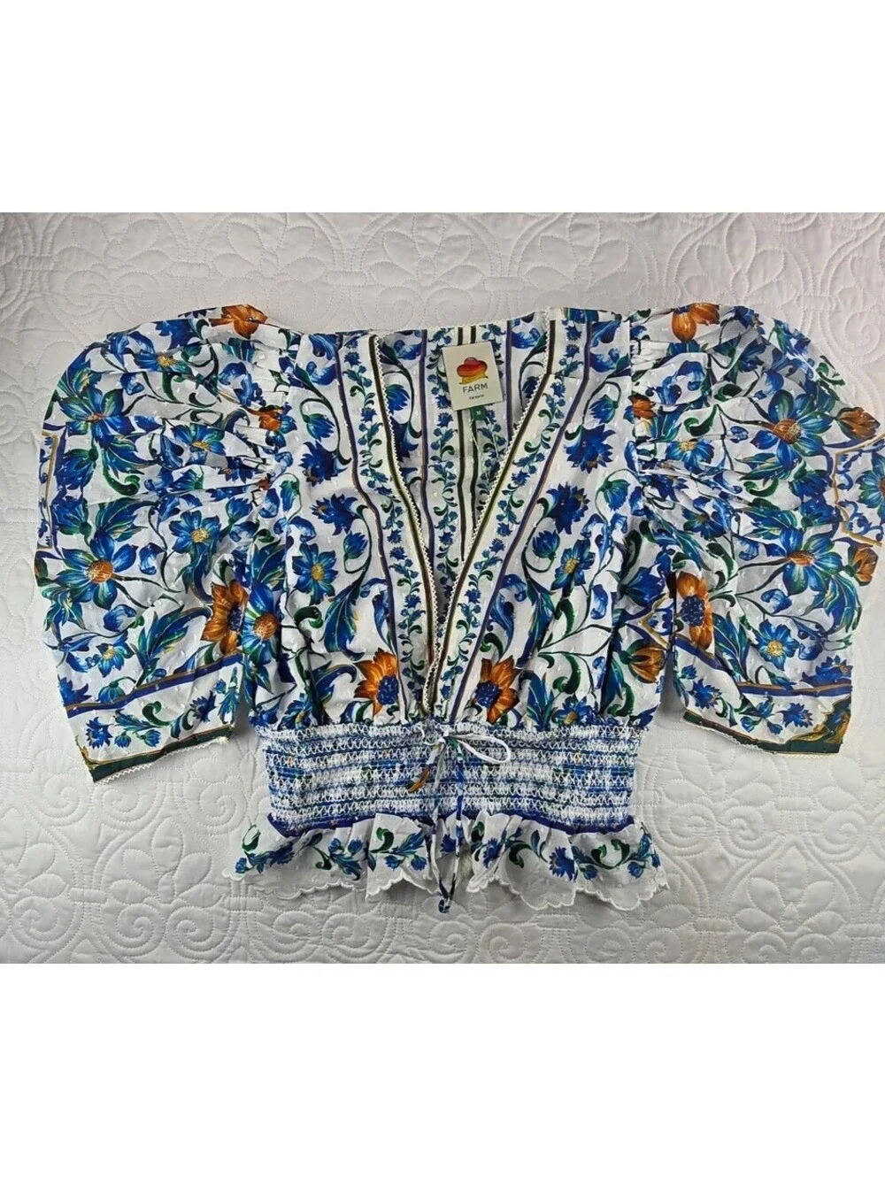 Farm Rio Flora Tile Smocked Blouse Blue Floral Puff Sleeve Top Women’s M